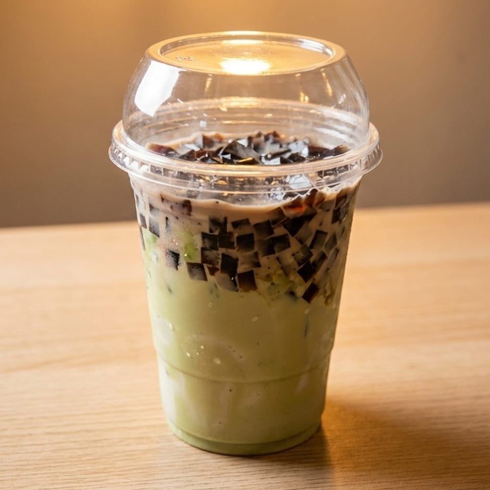 Matcha drink with dark jelly cubes and a creamy layer, in a clear plastic cup on a wooden table.