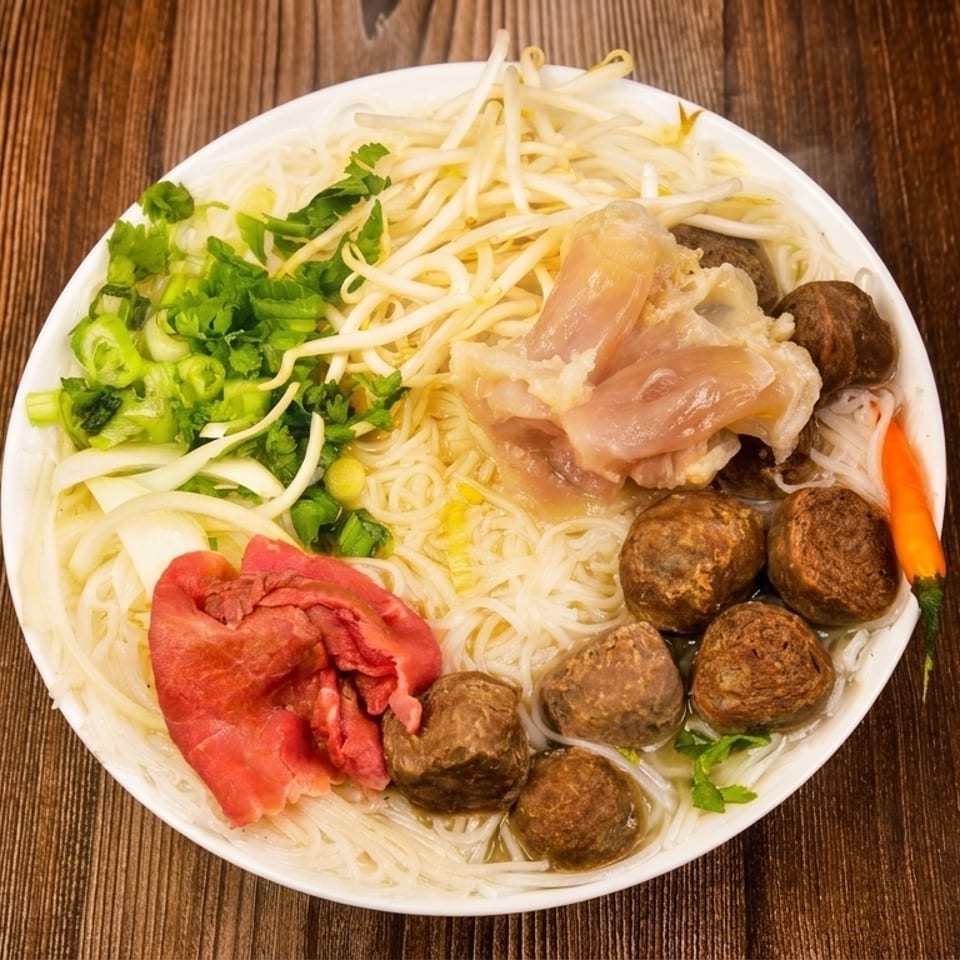 Overhead view of a pho bowl with noodles, various meats, bean sprouts, and herbs.