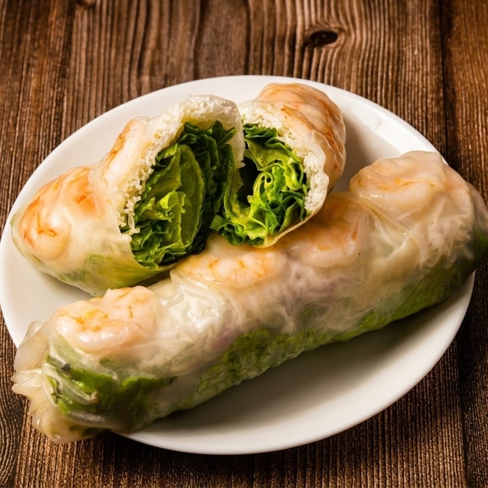 Two fresh shrimp spring rolls on a white plate, one cut in half to show lettuce and rice noodles.